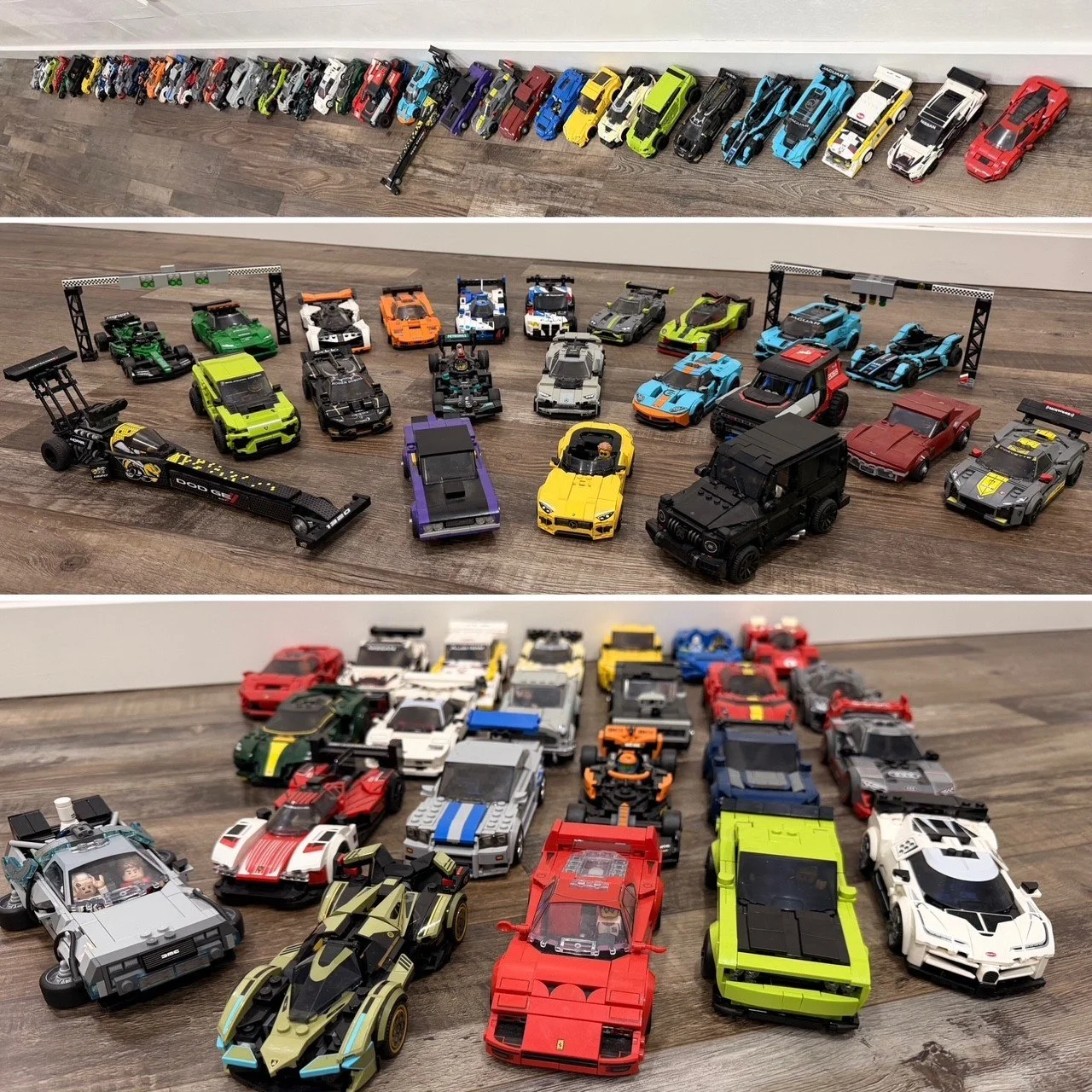 Collection of various toy cars and race cars displayed on a wooden surface in a three-tiered shelf.
