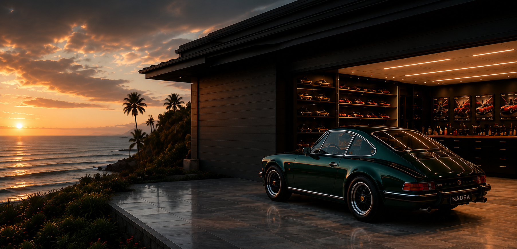A classic green Porsche 911 parked inside a modern garage with a display of miniature car models on shelves, overlooking a sunset coast with palm trees and ocean waves.