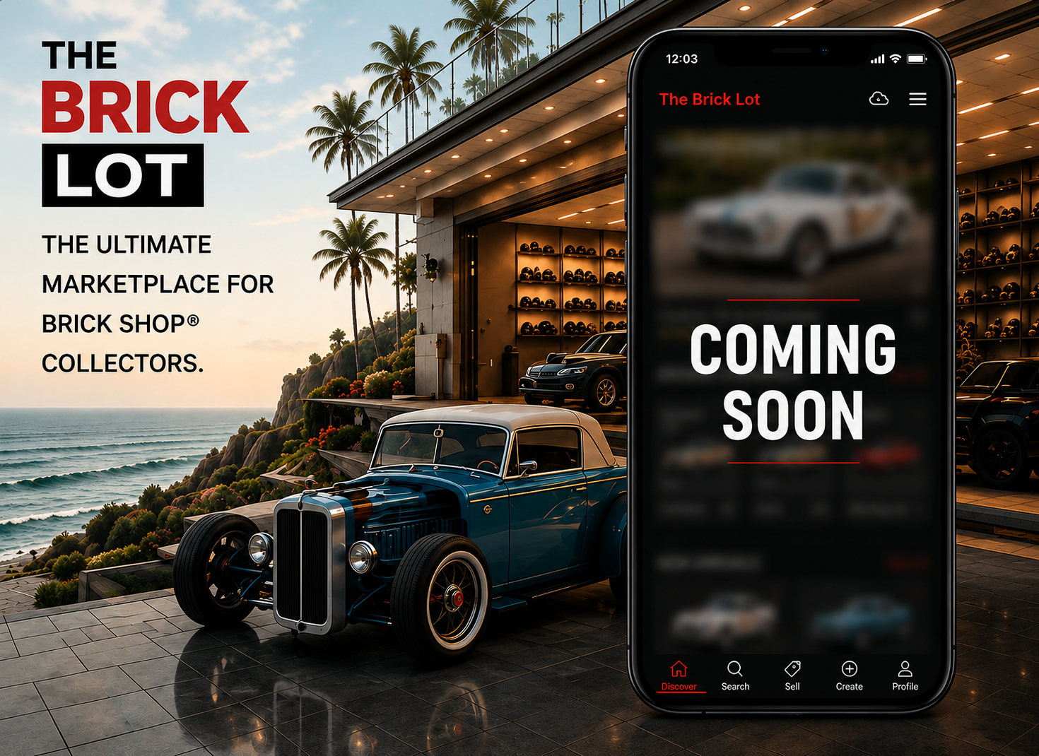 A vintage blue car parked outside a garage, with a large smartphone displaying 'COMING SOON' from The Brick Lot app. The scene is set near a beach with palm trees and scenic ocean views in the background.