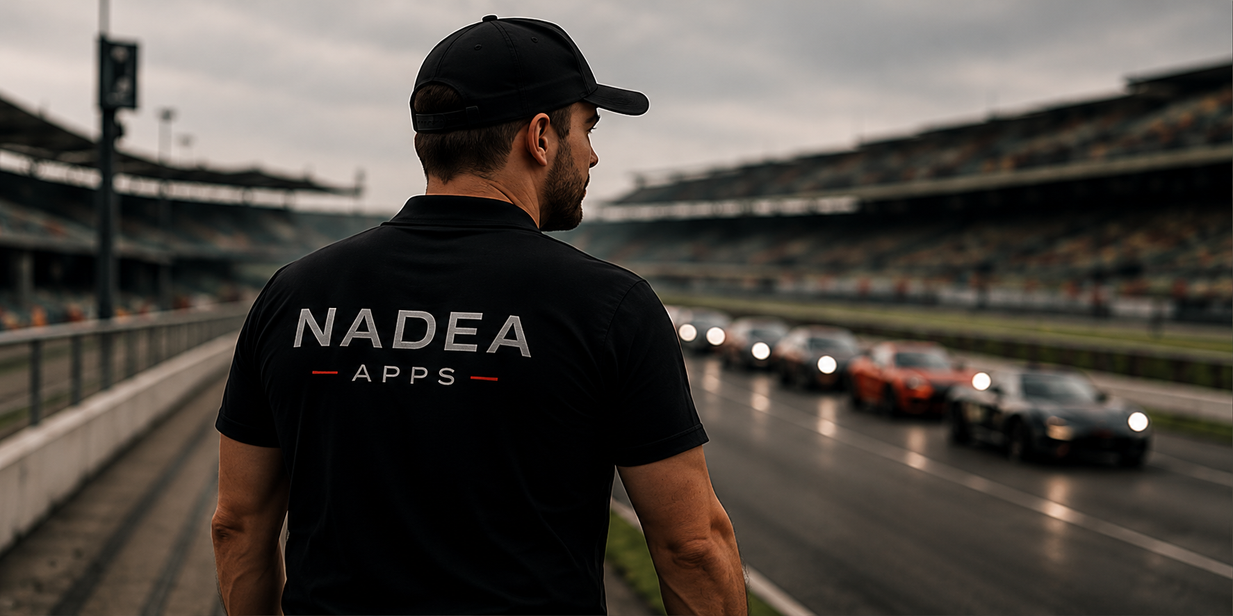 A man stands on a race track, wearing a black cap and a black polo shirt with 'NADEA APPS' written on the back, watching race cars on the track under a cloudy sky.
