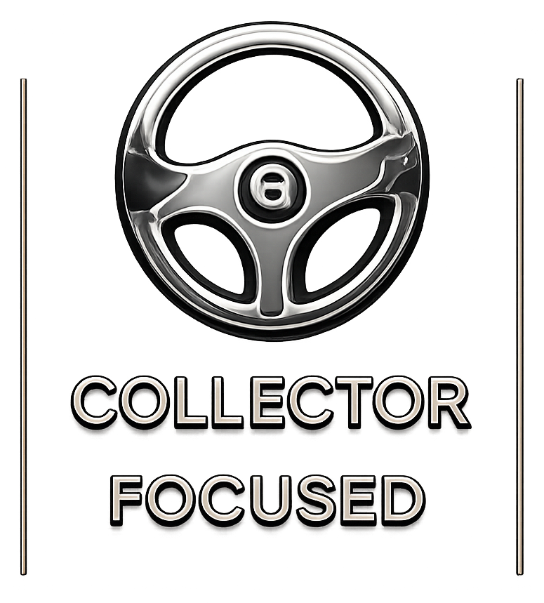 A metallic steering wheel icon above the words 'Collector Focused' in bold, uppercase letters.
