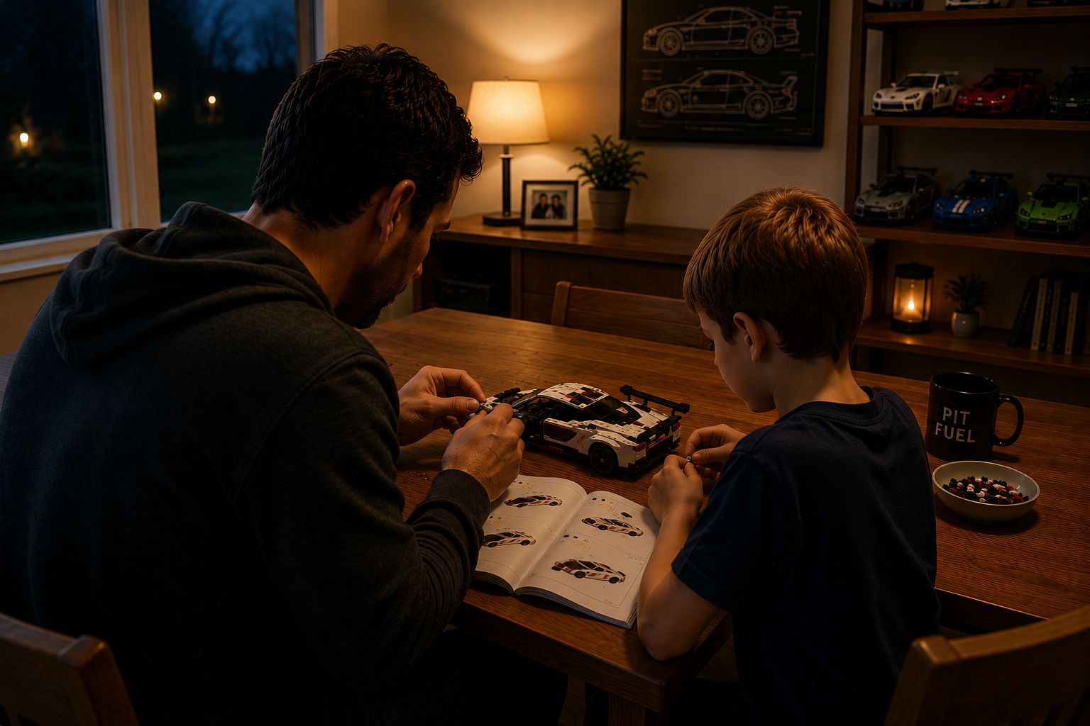 A man and a boy building a LEGO race car at a wooden table inside a cozy room with a window showing a dark outdoor scene, a lamp, shelves with model cars, a framed photo, and potted plants.