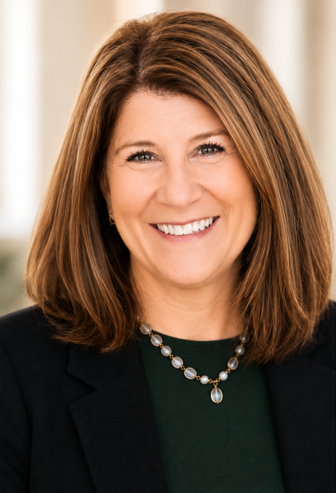 A smiling woman with shoulder-length brown hair wearing a dark blazer and a pearl necklace.