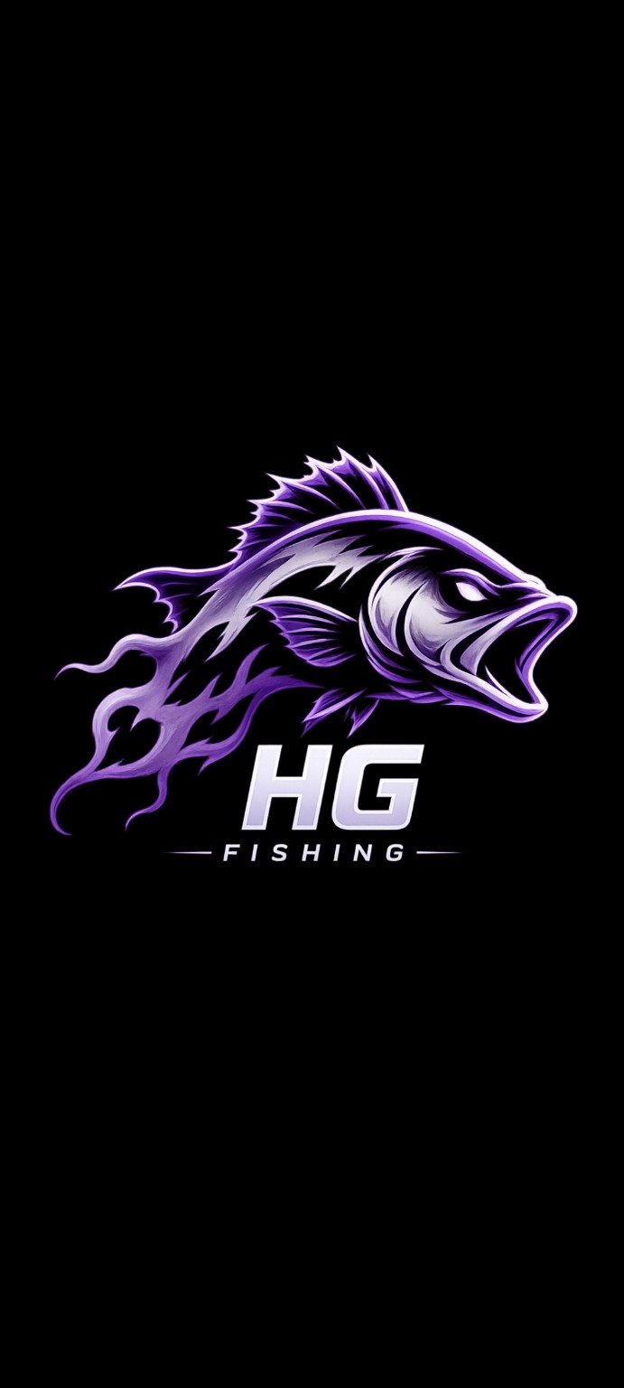 Black background with a stylized, purple and white fish with an aggressive expression and flames. Text reads "HG FISHING" beneath the fish.
