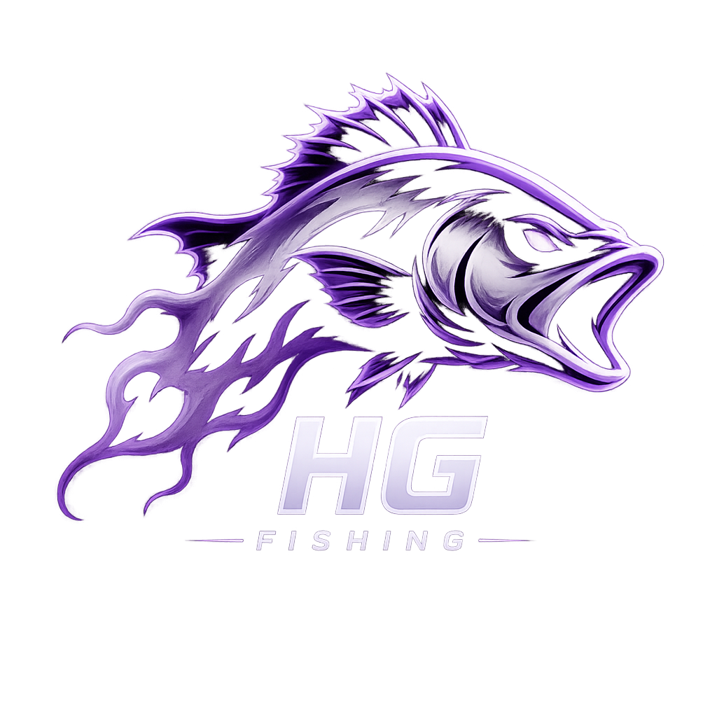 Graphic of a purple and silver fish with flames and a stylized, aggressive appearance, with the text 'HG FISHING' below.