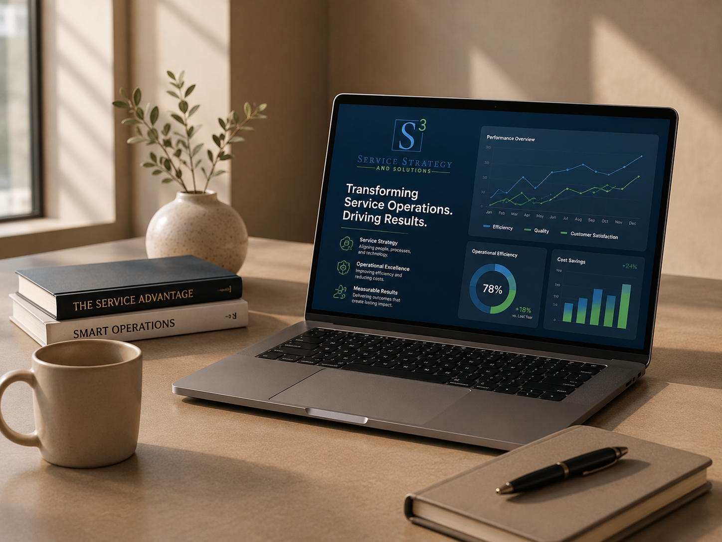 Laptop displaying analytics and performance reports for service strategy, with a plant, books, a mug, a closed notebook, and a pen on a desk in a bright office setting.
