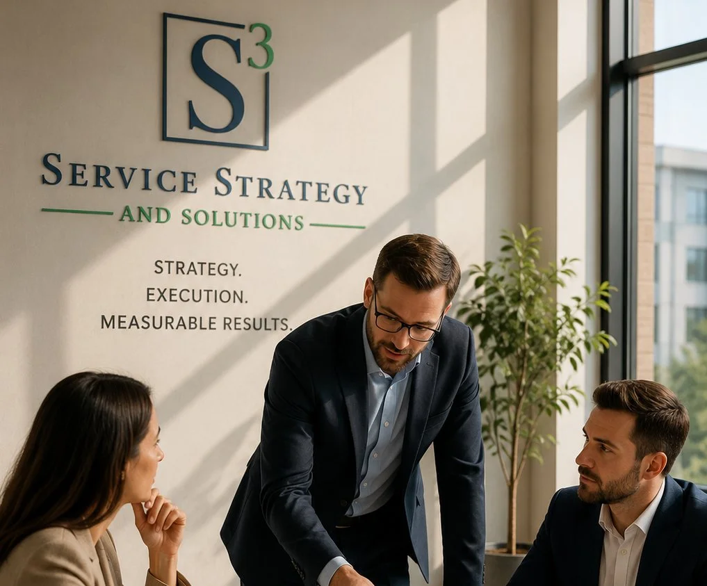 Three business professionals in a meeting, two sitting and one standing, in a modern office with large windows and a company logo on the wall.