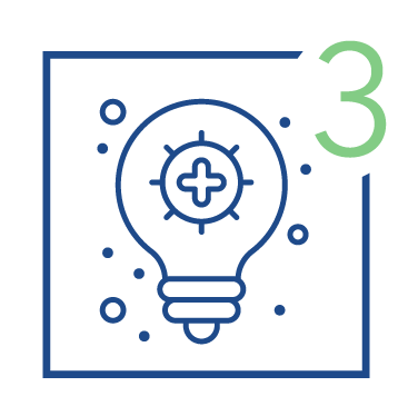 A light bulb icon with a plus sign inside, surrounded by small dots, and the number three in the top right corner.