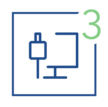 Simple infographic of a computer monitor connected to a power plug, with the number 3 at the top right corner.