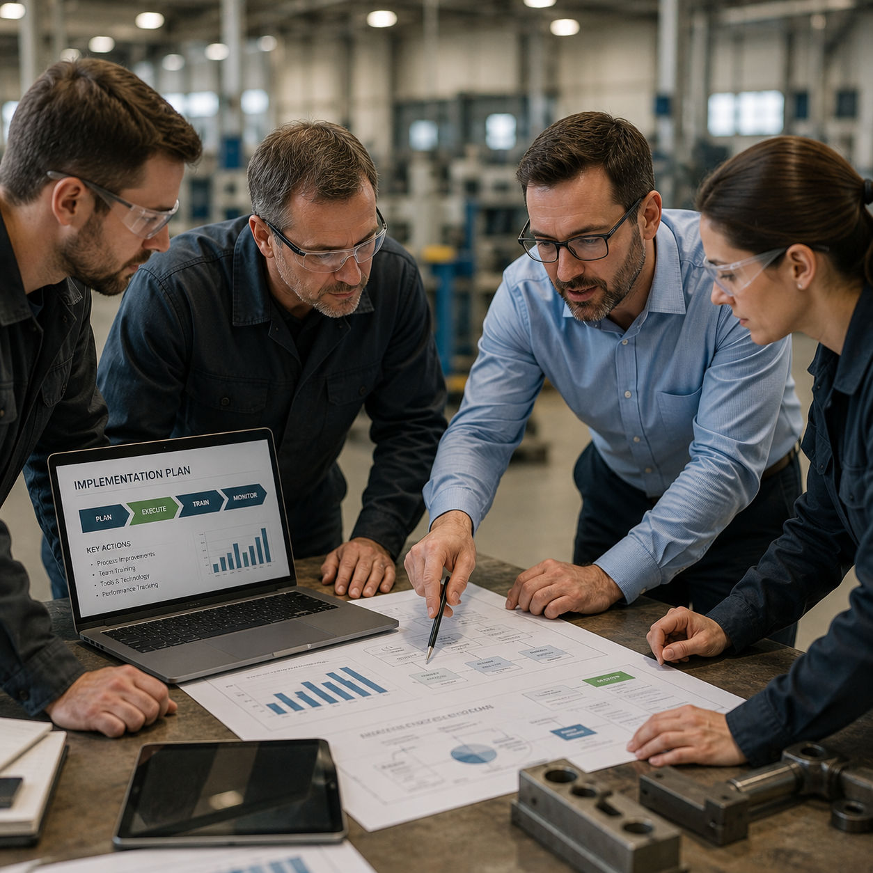 A group of five people in a factory or warehouse, wearing safety glasses, collaborating over documents and a laptop with a presentation titled 'Implementation Plan'. The table has charts, graphs, and printed plans, as the team discusses manufacturing or engineering strategies.