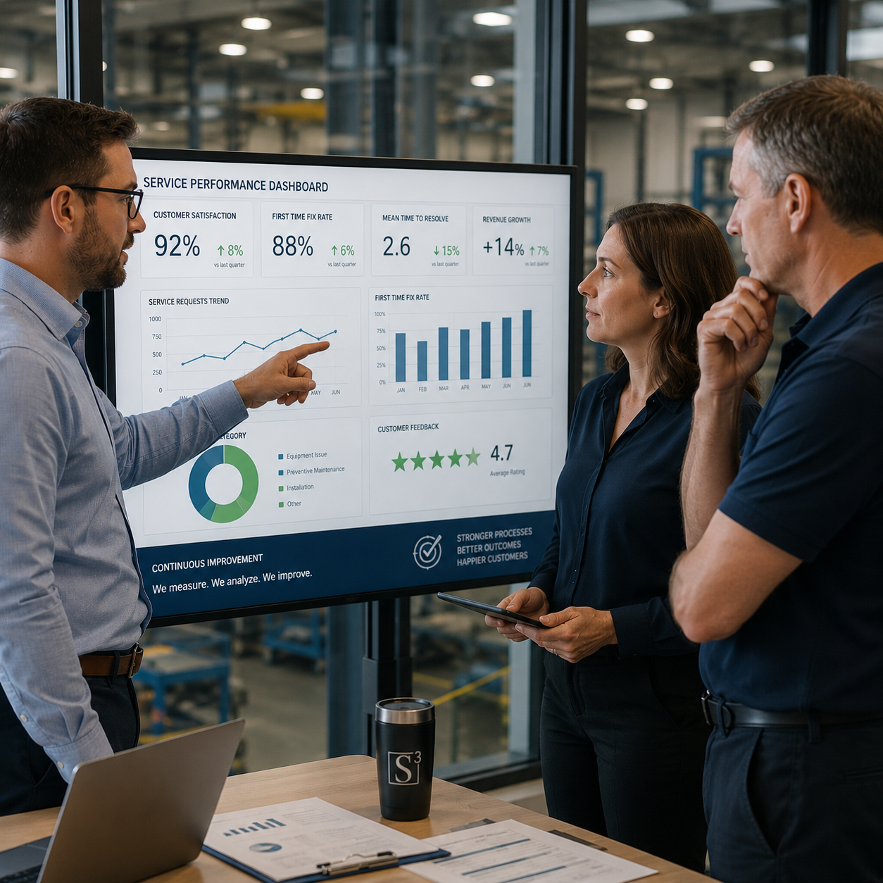 Three professionals discussing a service performance dashboard displayed on a digital screen in an industrial setting.