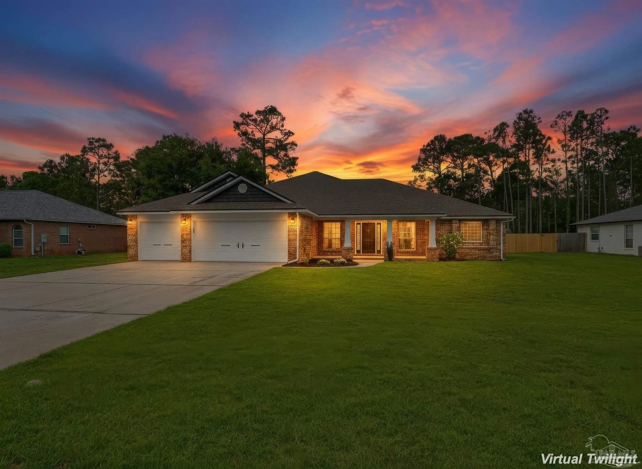 A house with a brick exterior and a two-car garage, illuminated by outdoor lights, under a colorful sunset sky with pink, orange, and purple clouds, surrounded by trees and green lawn.