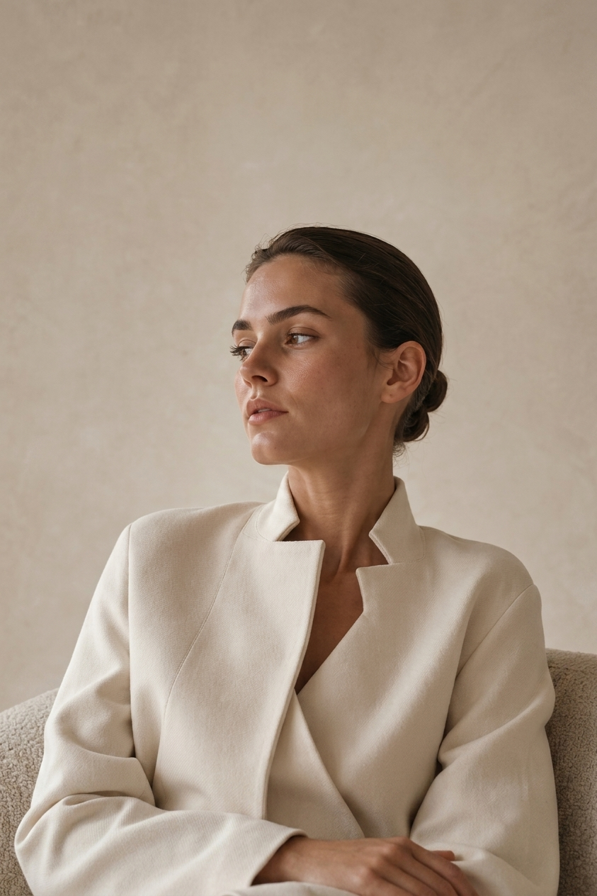 A woman with dark hair styled in a low bun, wearing a cream-colored blazer, sitting on a beige sofa against a textured beige wall, with her arms crossed and looking to the side.