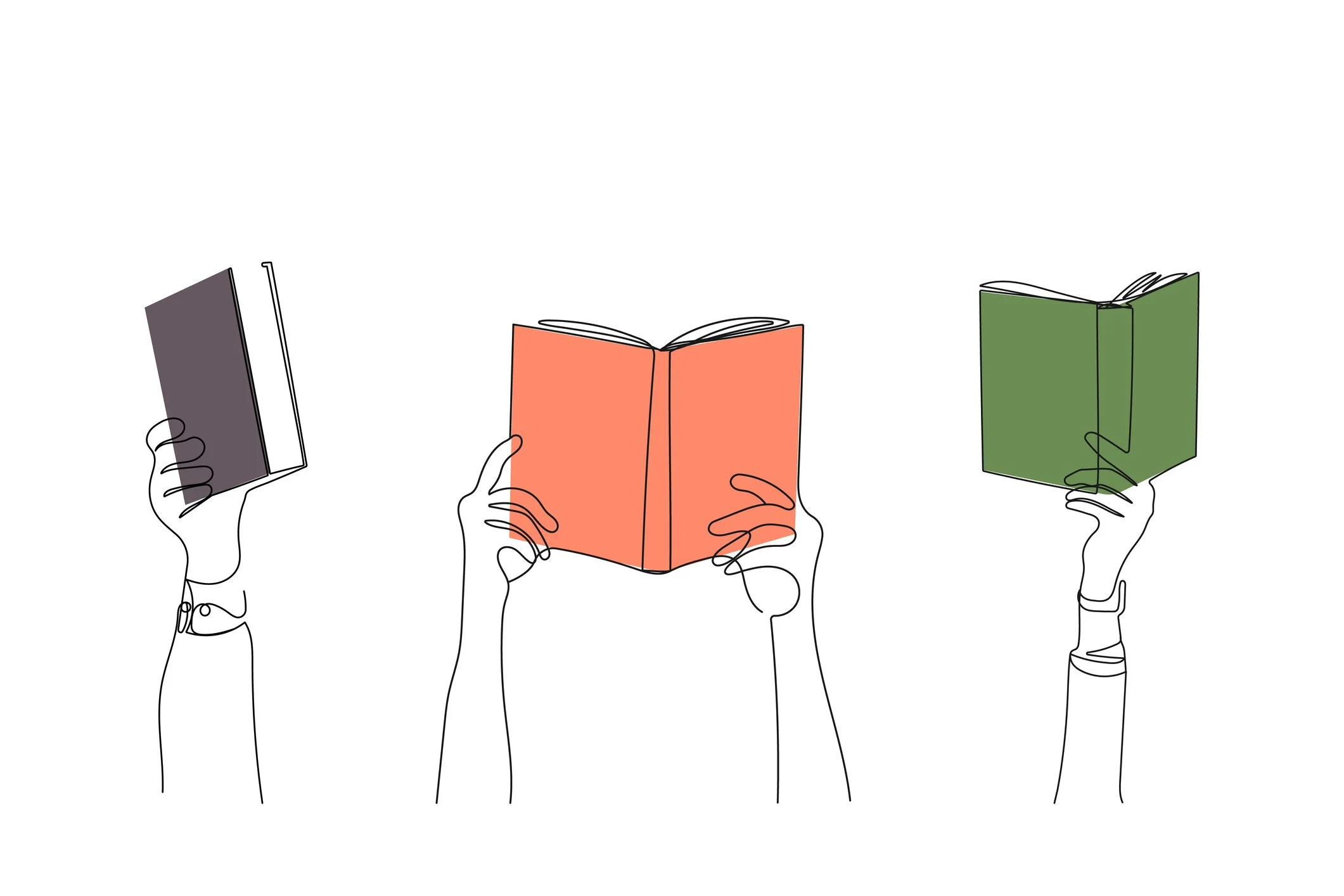 Minimalist line art illustration of hands holding up open fiction books with colorful covers, featured on the homepage of Rita Childers Editorial.