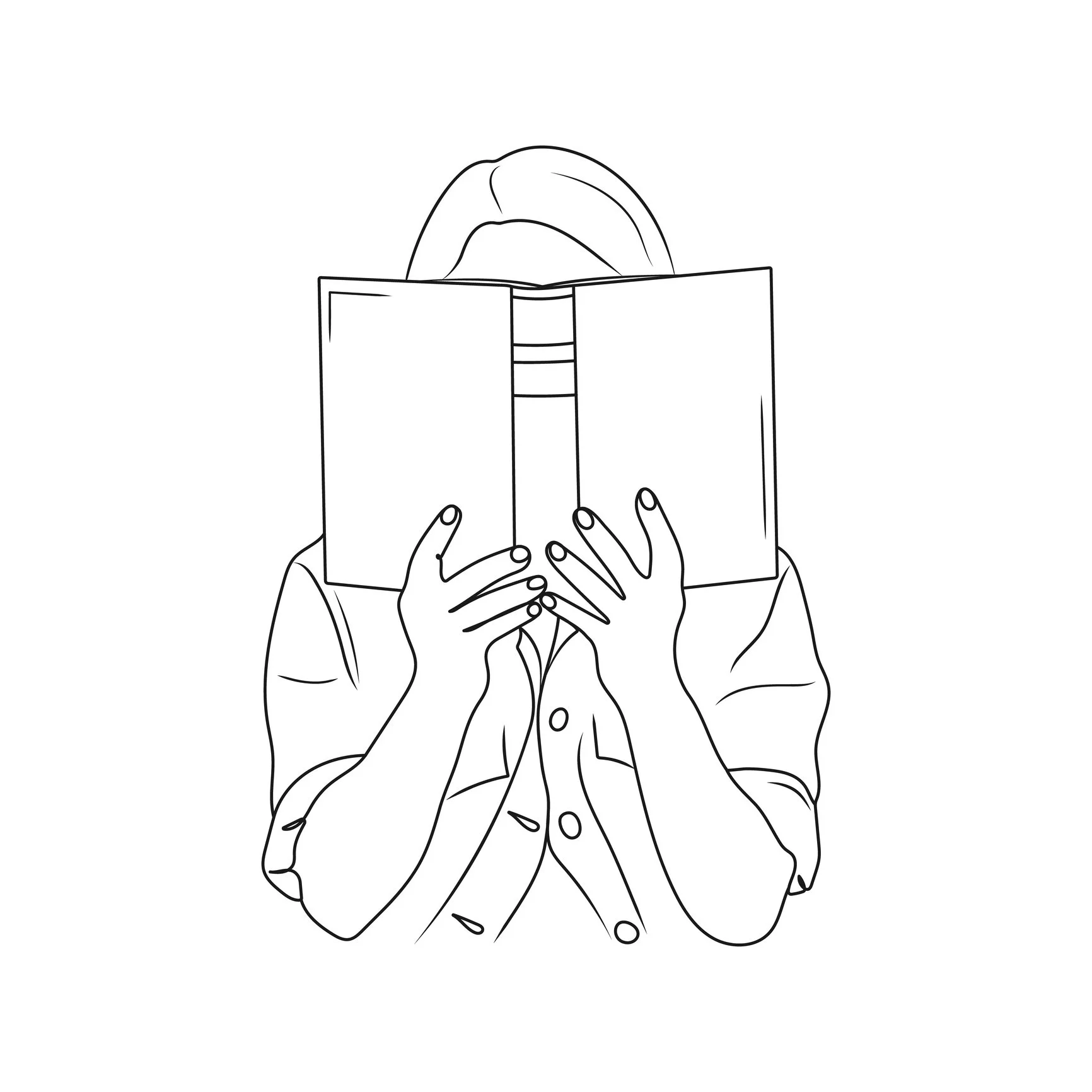 Whimsical line drawing of a woman reading an open book, representing freelance developmental editing services for romance, fantasy, and women's fiction authors.
