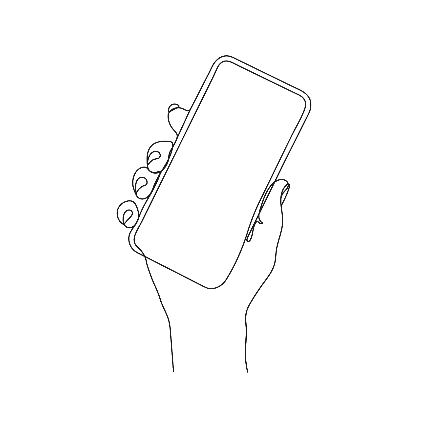 Minimalist line drawing of a hand holding a smartphone, representing seamless digital communication and author consultation services for Rita Childers Editorial.