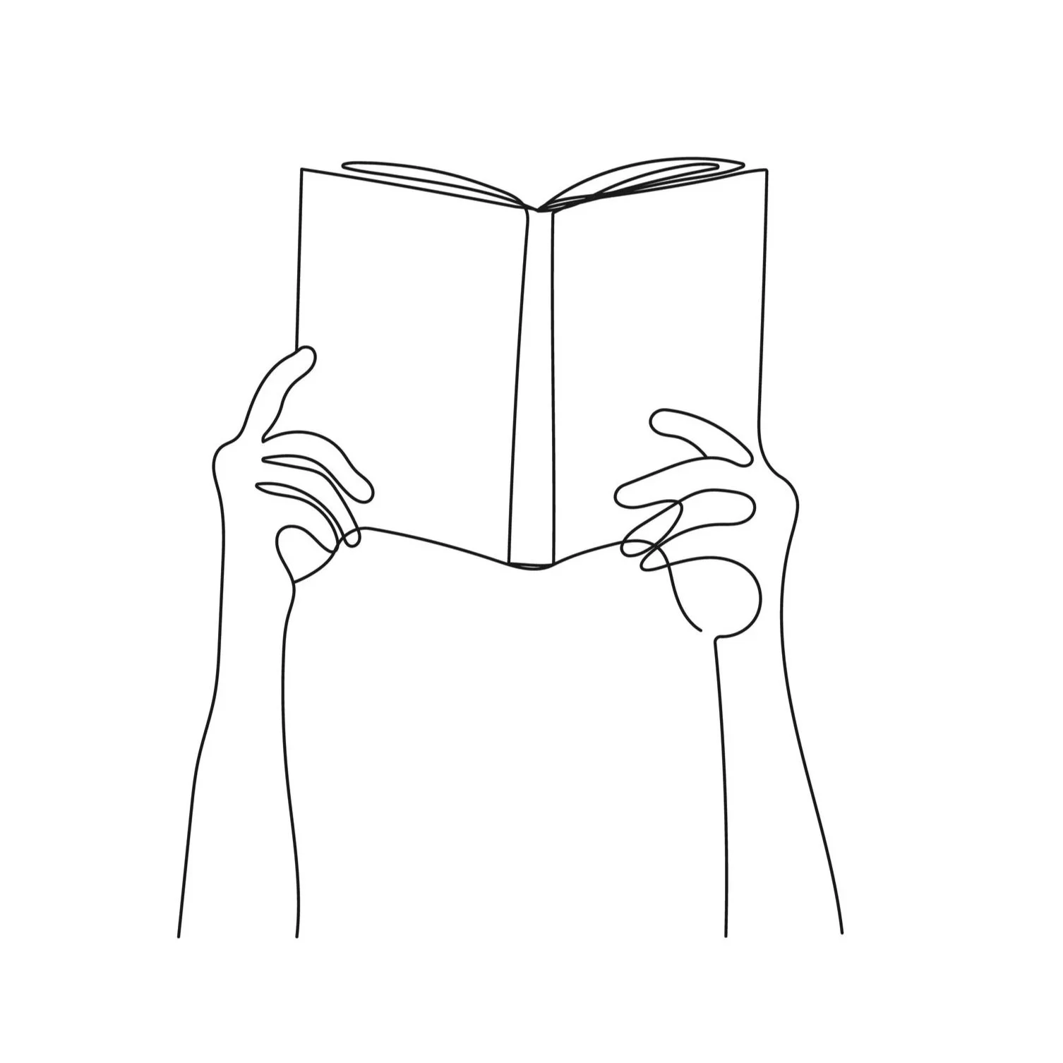 Minimalist line drawing of hands holding an open book, showcasing professional fiction developmental editing services for women authors.