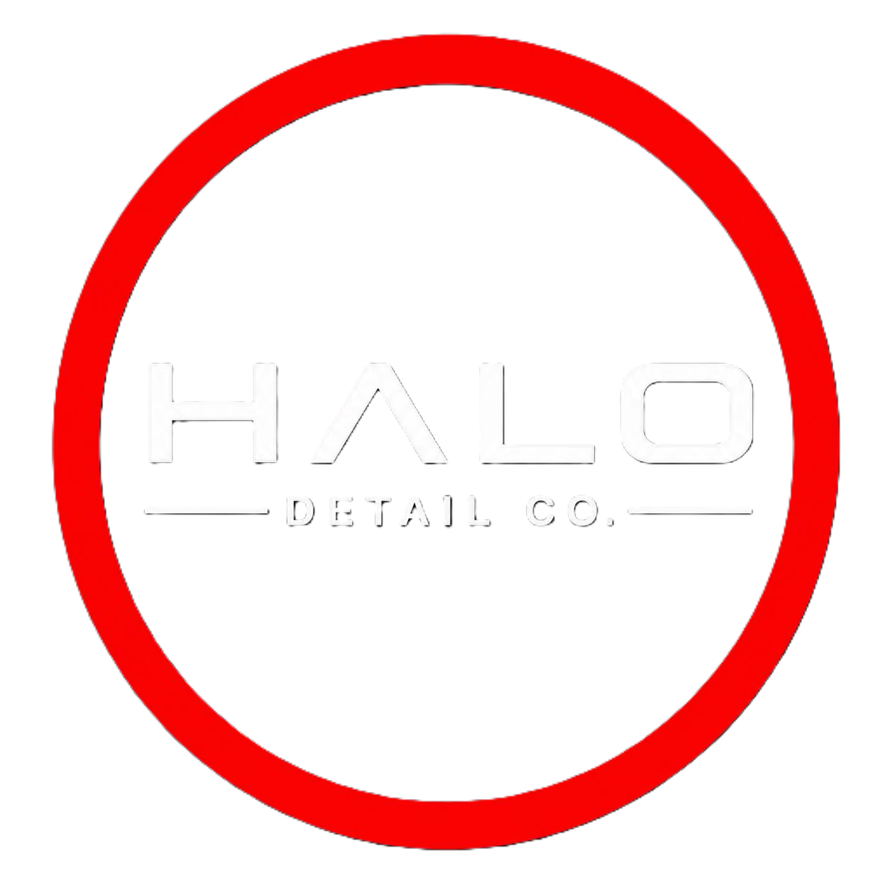 Logo for Halo Detail Co. featuring a black background with a red circle outline and white text.