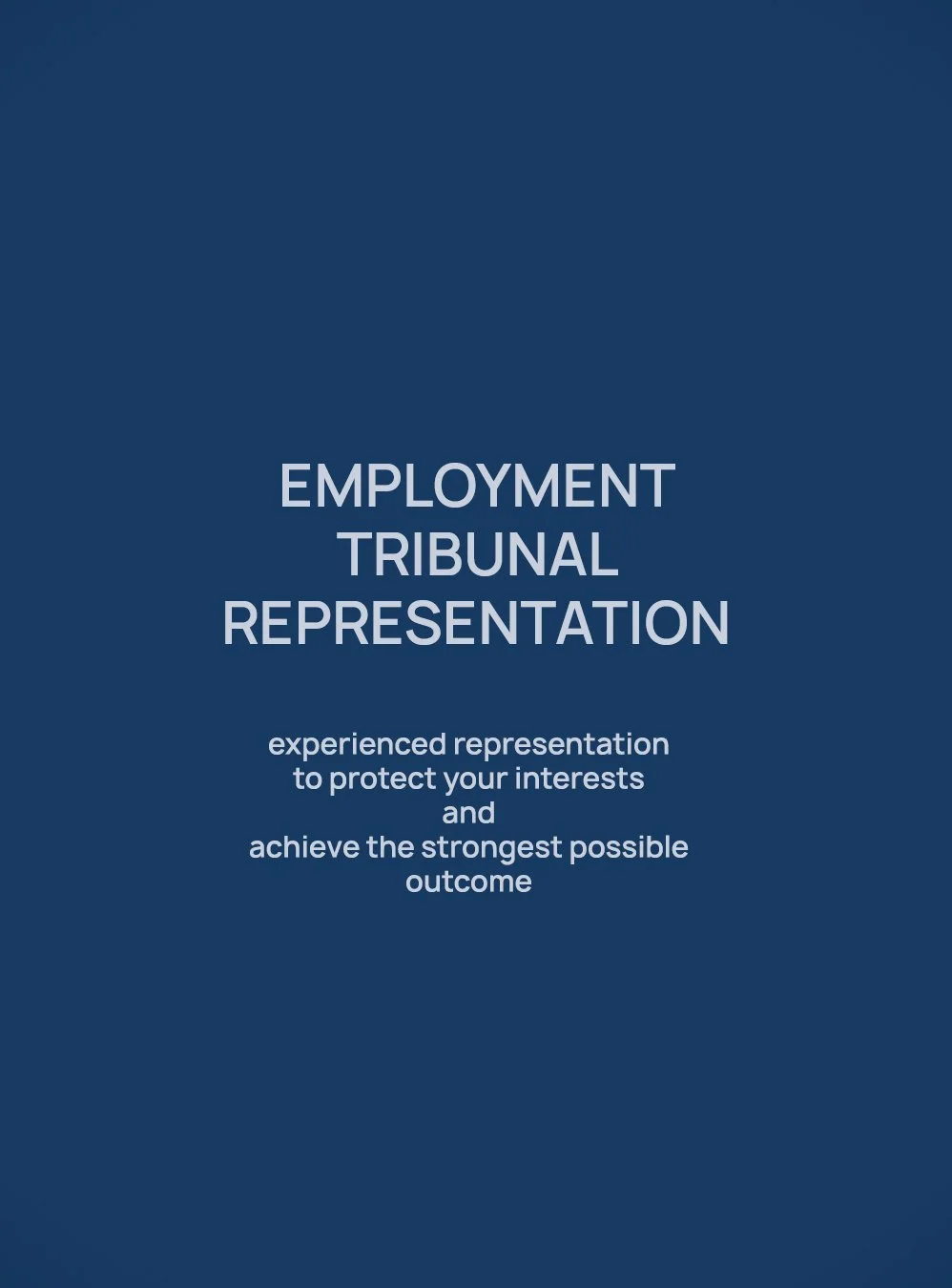 Cover page of a document titled 'Employment Tribunal Representation' with a subtitle about experienced representation to protect interests and achieve the strongest possible outcome, on a dark blue background.