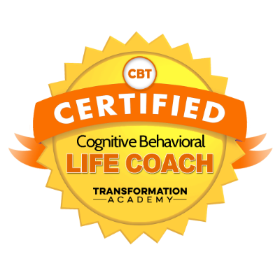 Certified Life Coach badge with yellow, orange, and white colors, featuring text for the Cognitive Behavioral Transformation Academy.