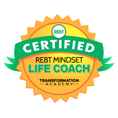 A certification badge for Rebt Mindset Life Coach, featuring a gold, green, and yellow design with the words "CERTIFIED" and "Rebt Mindset Life Coach".