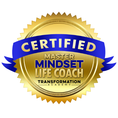 Gold and blue certified badge for Master Mindset Life Coach from Transformation Academy.