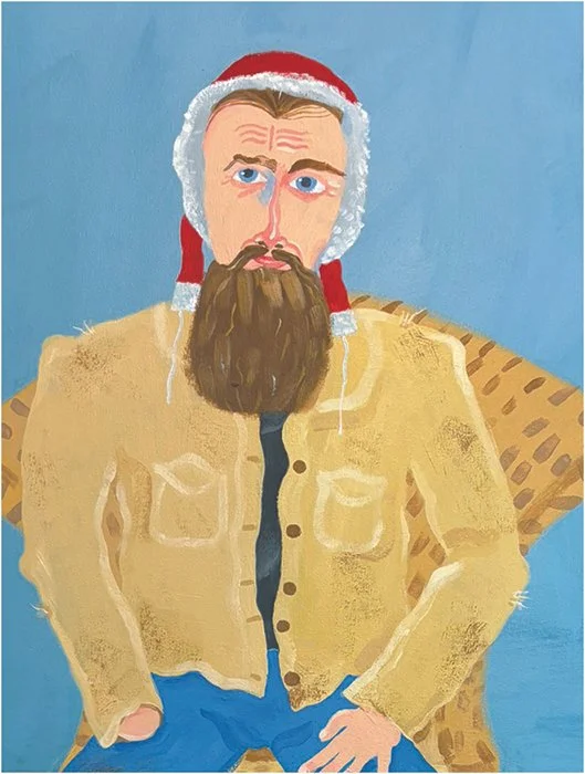 Painting of a man with a beard wearing a Santa hat, sitting on a chair against a blue background.