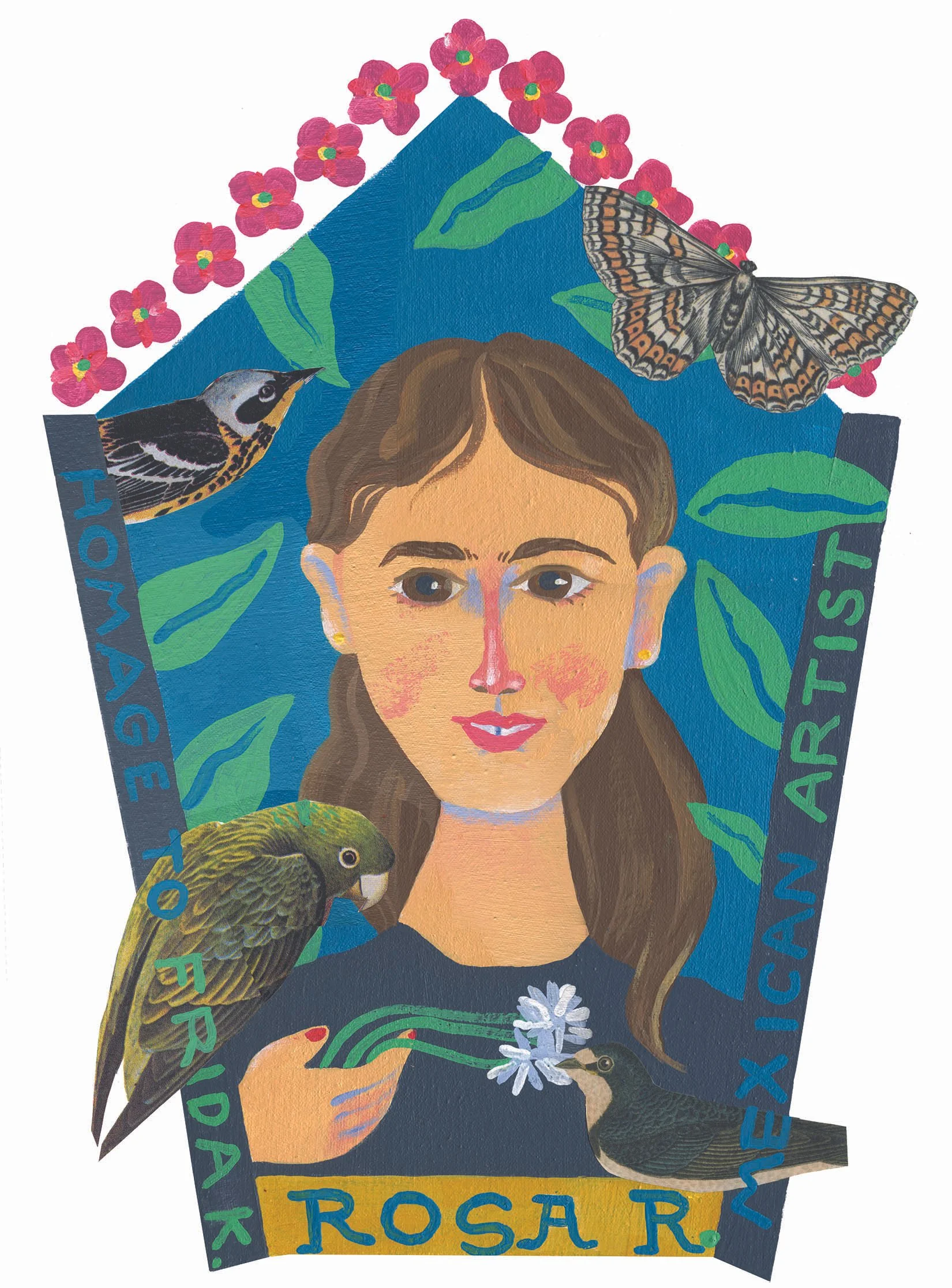 A colorful illustration of a woman with brown hair, surrounded by birds, flowers, and leaves, with text reading "WE GROW AND ROSE R".