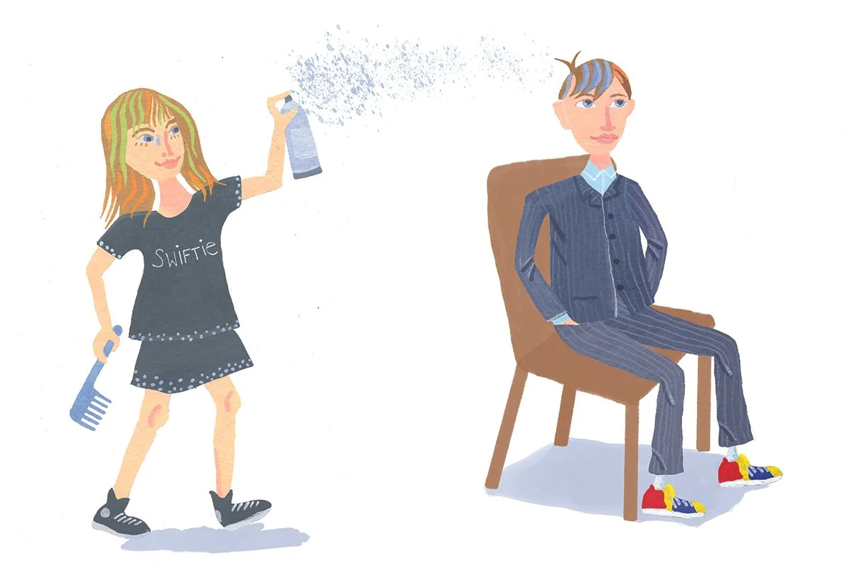 Illustration of a girl spraying water on her hair with a spray bottle, holding a comb in her other hand, and a boy sitting on a chair wearing pajamas and colorful sneakers.