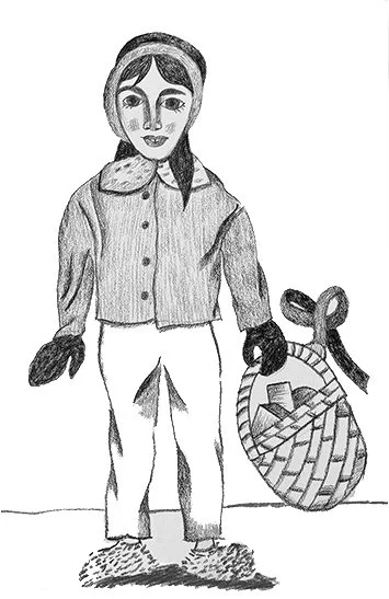 Drawing of a woman holding a basket filled with objects, wearing a jacket, gloves, and pants.