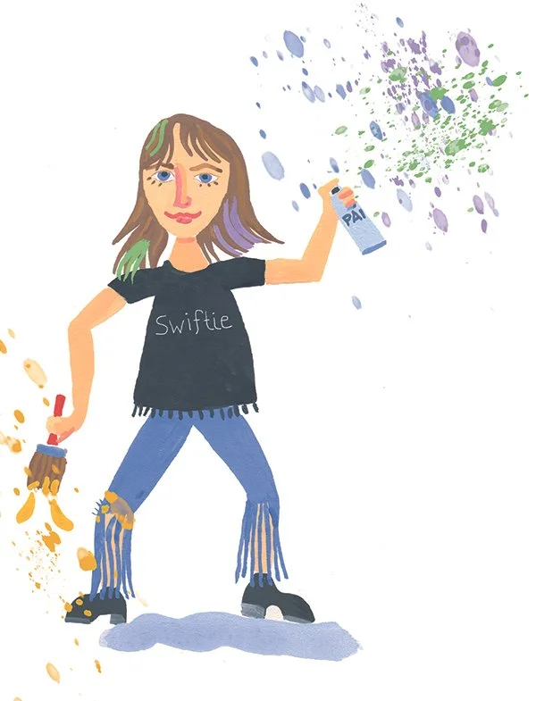 Illustration of a girl with multicolored hair ice skating, holding spray paint cans and spray painting colorful splashes in the air.
