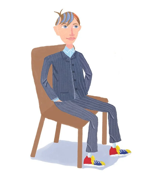 Cartoon illustration of a woman with short hair and colorful streaks, wearing a pinstripe suit and bright sneakers, sitting on a wooden chair against a plain white background.