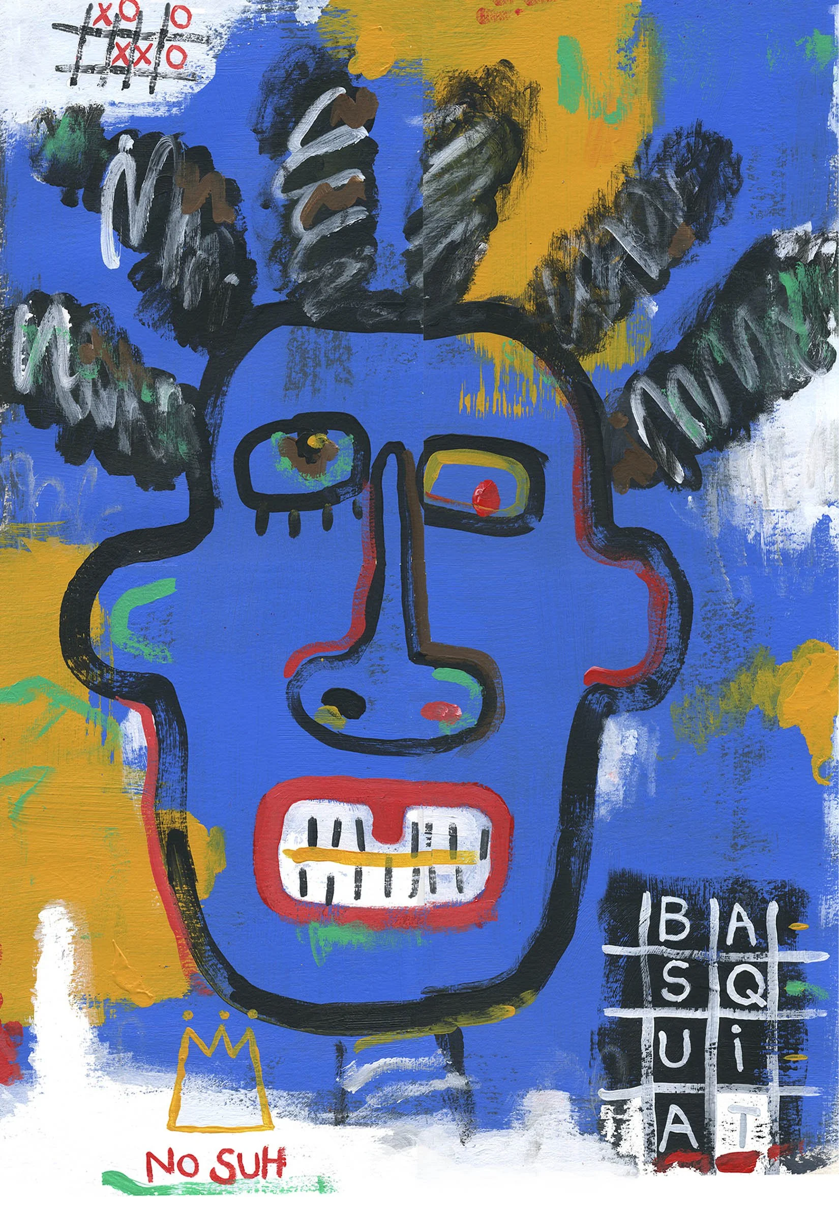 A colorful abstract painting depicting a cow with large horns, painted in shades of blue, black, white, yellow, green, and red. The cow's face is outlined in black, with some text and symbols around it, including a tic-tac-toe grid and the words "NO SUGH".