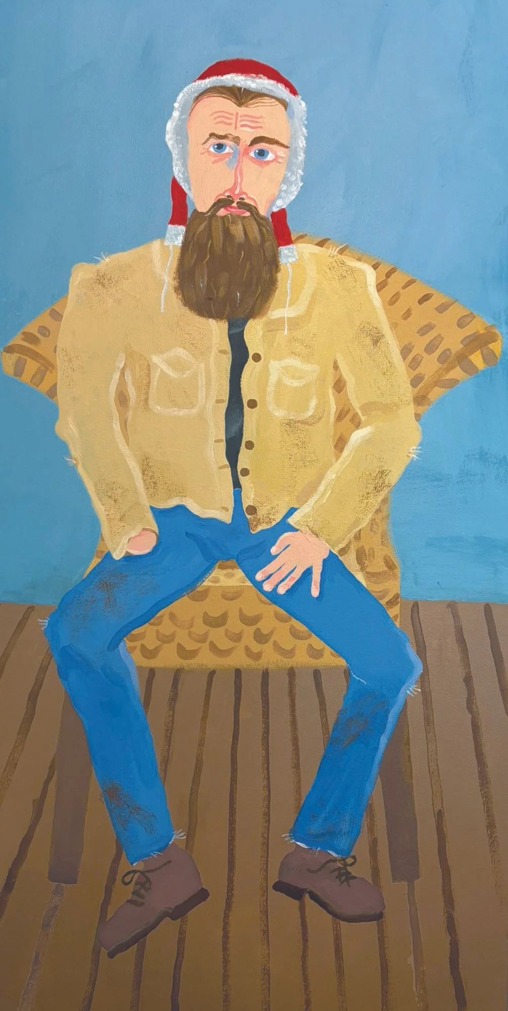 Painting of a bearded man wearing a Santa hat, beige jacket, blue jeans, and brown boots, sitting on a patterned yellow chair with a blue background.