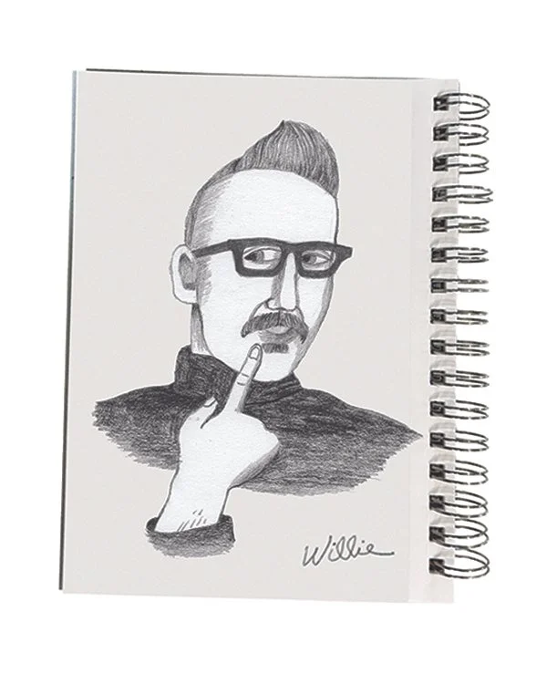 Sketch of a man with glasses, a mustache, and a mohawk hairstyle, holding up his middle finger. Signed "Willie" at the bottom.