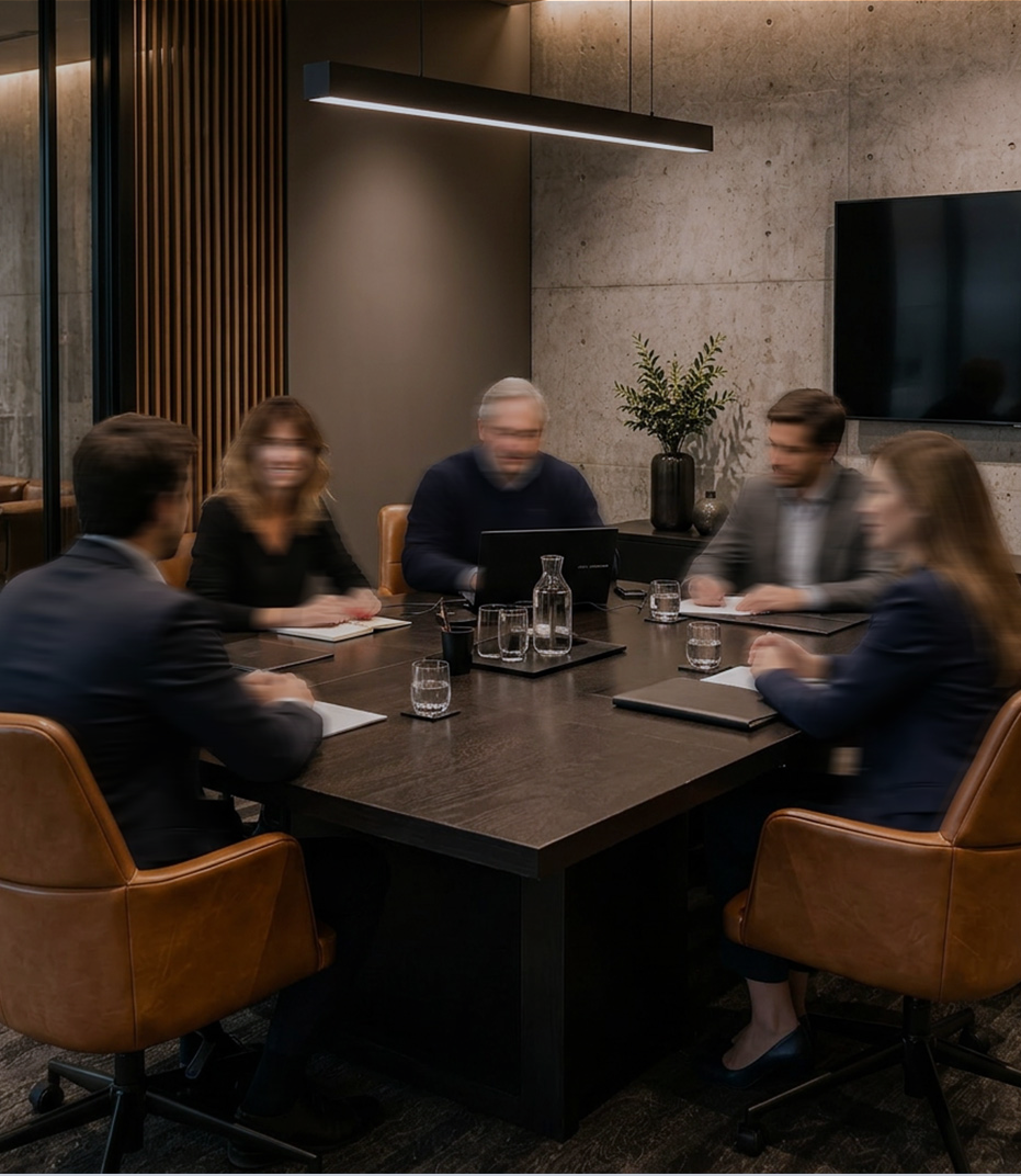 Reunión de negocios en una sala moderna con cinco personas sentadas alrededor de una mesa de madera, con documentos, laptops y vasos de agua.