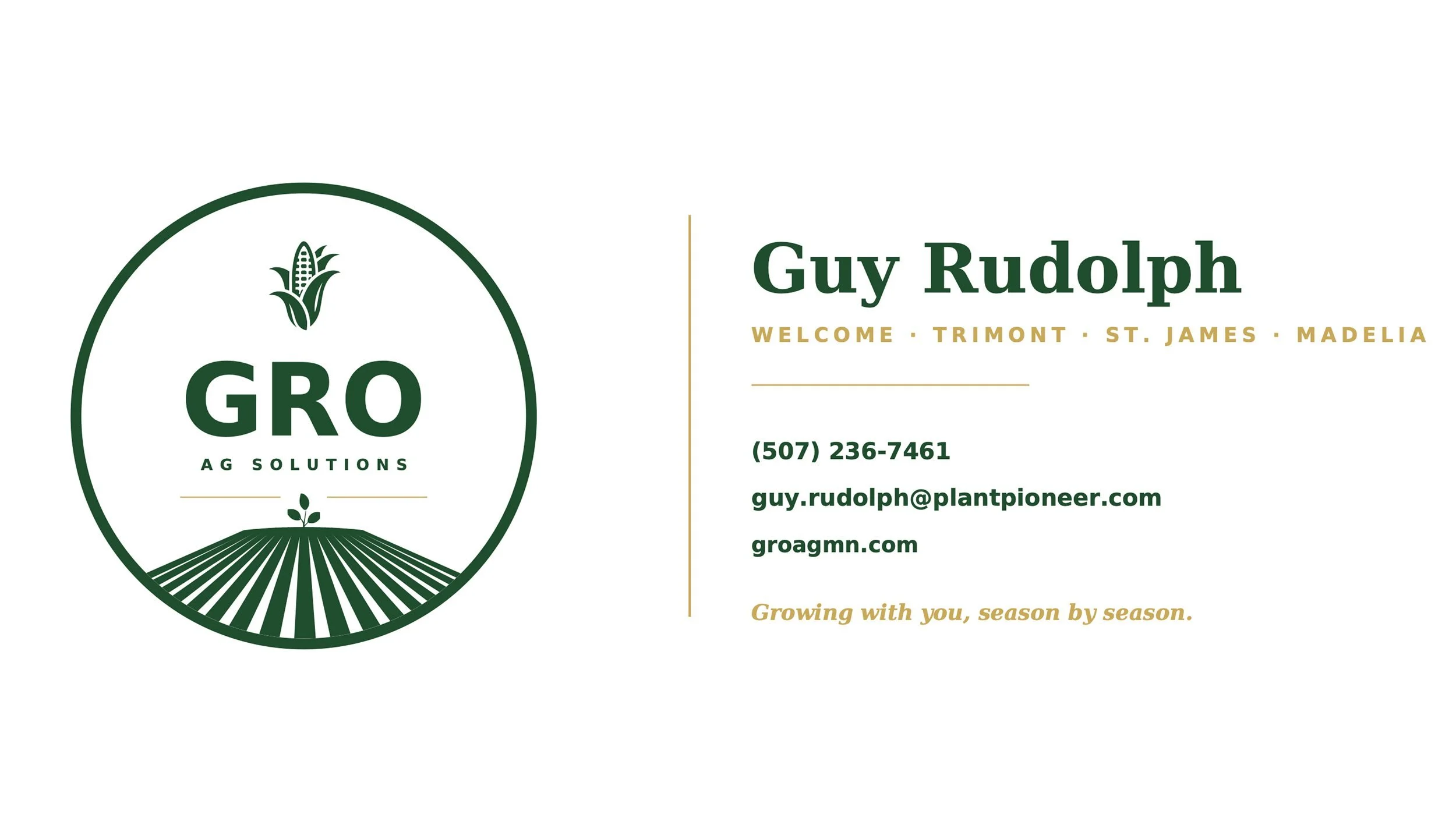 Business card for Guy Rudolph with agricultural theme, including a logo with an ear of corn and a farm field, contact information, and tagline 'Growing with you, season by season.'