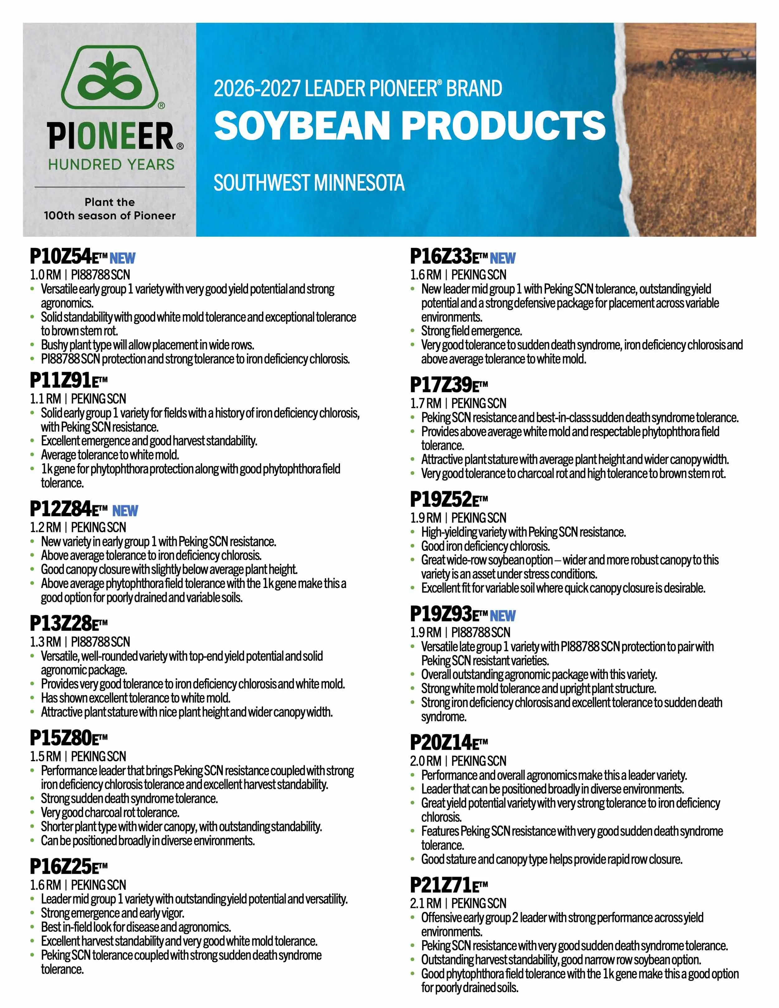 A promotional flyer for Pioneer soybean products featuring various seed varieties with descriptions, plant characteristics, and adaptation recommendations. The flyer highlights the company's 100 years of experience and leadership in the industry.