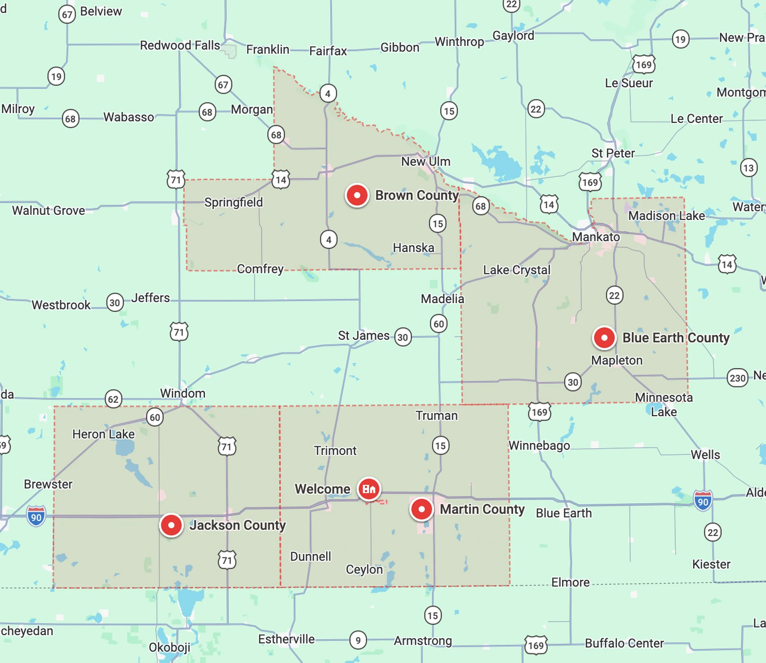 Map showing counties and highways in parts of Minnesota and Iowa, highlighting Brown County, Blue Earth County, Jackson County, and Martin County.