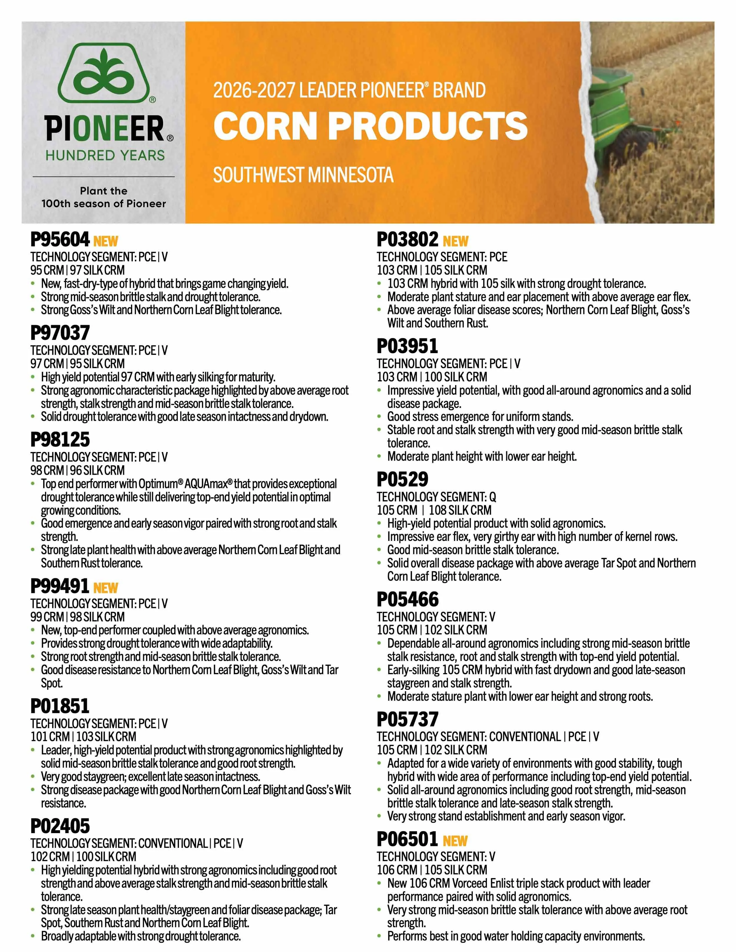 Brochure for Pioneer corn products in Southwest Minnesota, featuring various seed varieties with descriptions of traits and disease resistance.