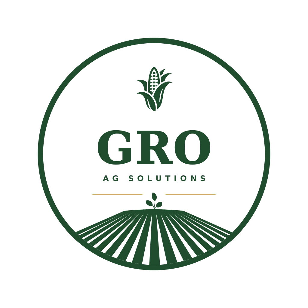 Logo for GBO Ag Solutions featuring an ear of corn and a small plant in a farm field with the company name.