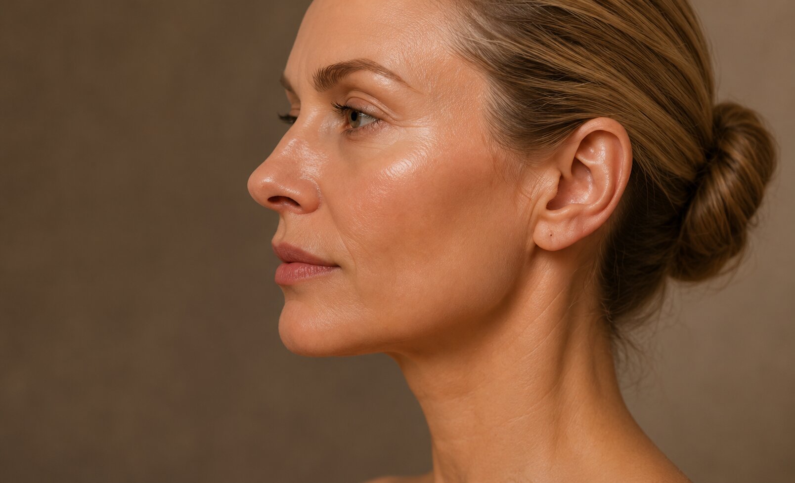 Side profile of a woman with smooth skin and hair tied in a bun, against a plain background.