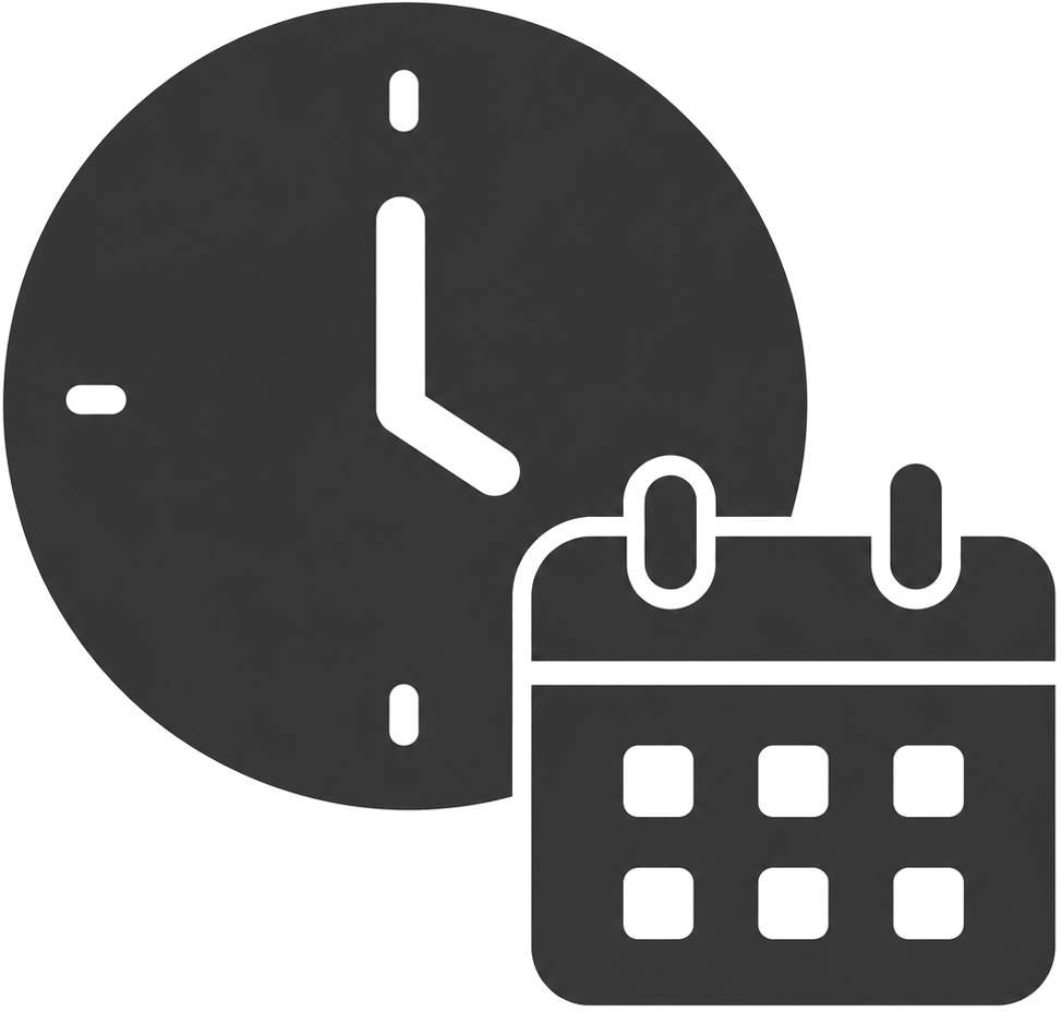 A clock showing 3:00 and a calendar with a few days marked.