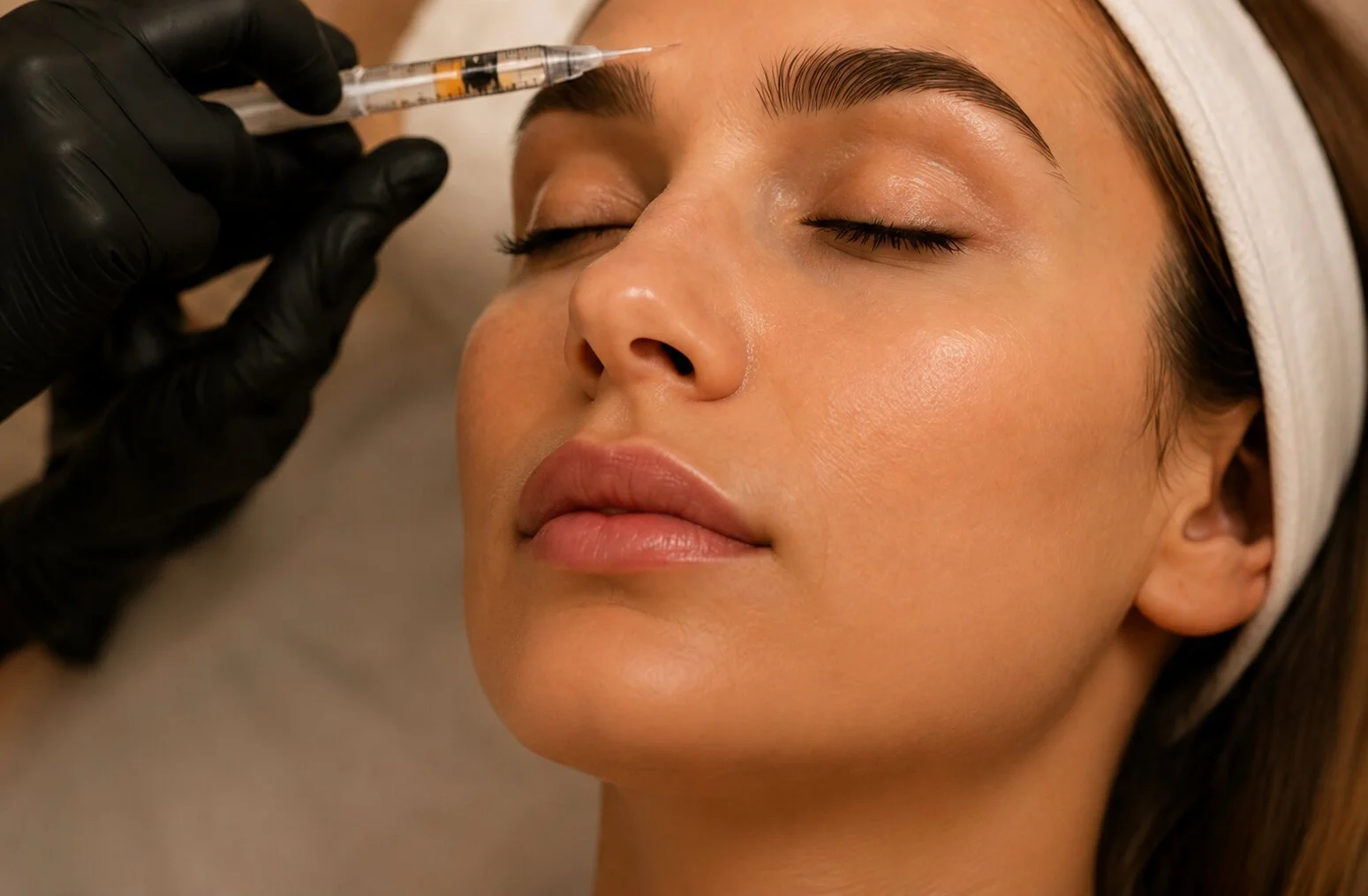 A woman is receiving a cosmetic injection in her brow area, with her eyes closed, by a professional wearing black gloves.
