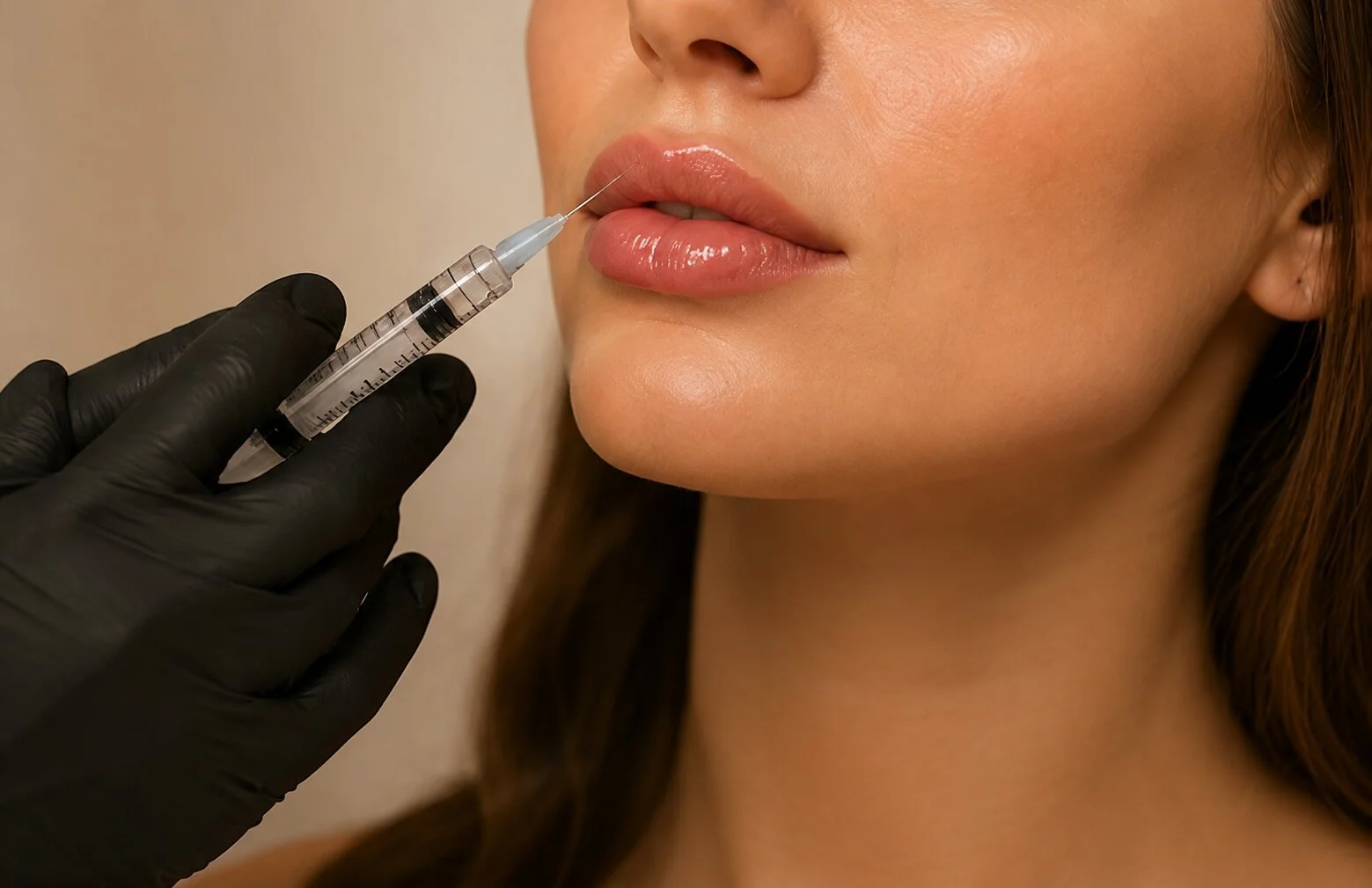 A woman with smooth lips receives a cosmetic injection in her upper lip from a medical professional wearing black gloves.