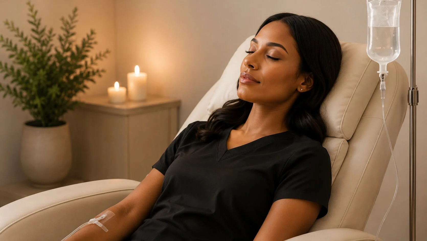 Woman relaxing in a reclining chair with IV drip, candles, and plant in background.