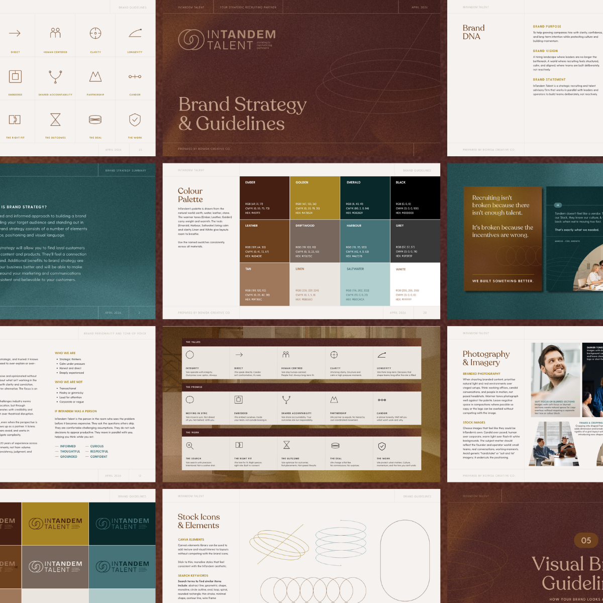 A collection of pages from a brand strategy and guidelines presentation, including sections on brand purpose, vision, statement, color palette, photography, stock icons, and elements, with visual and text content about branding concepts.