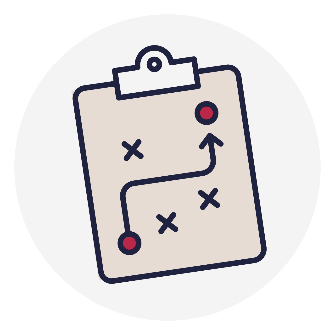 A paper with a strategy or game plan diagram, featuring X marks, red dots, and a curved arrow connecting them.