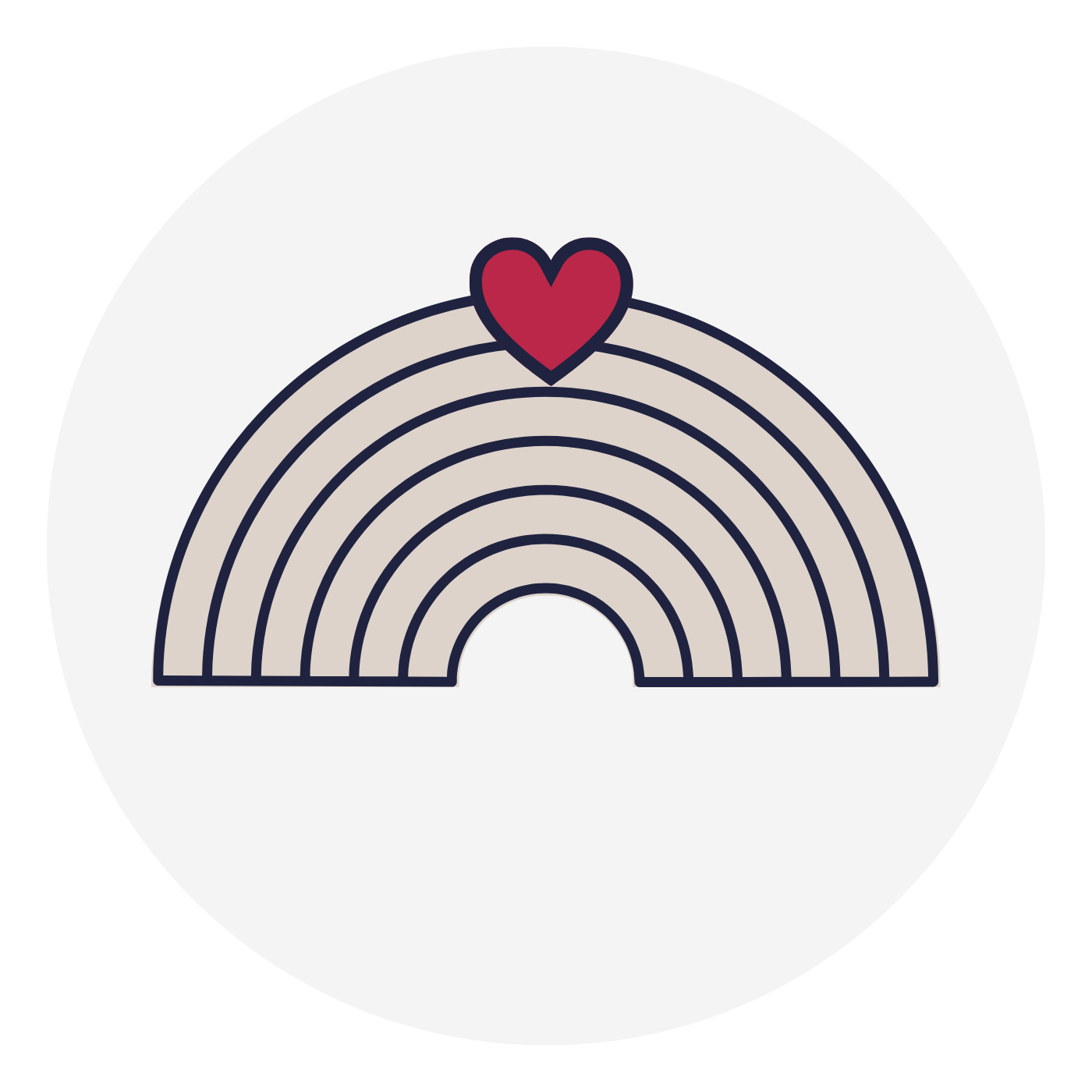 A rainbow with five parallel arcs, topped with a red heart.