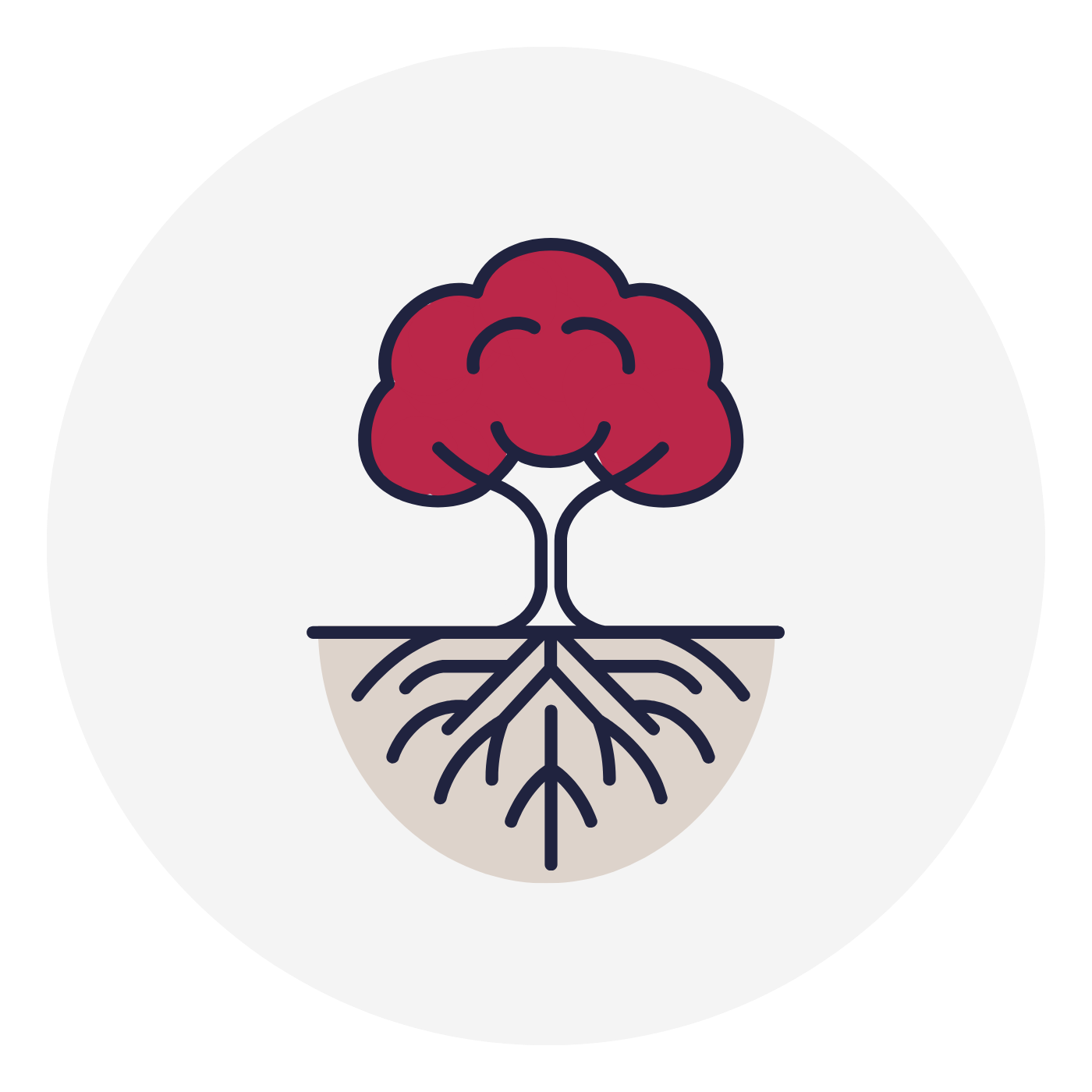 A simple illustration of a brain connected to a network of roots underground, symbolizing neural or cognitive connections.